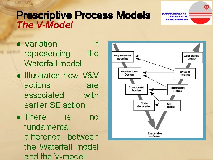 Prescriptive Process Models The V-Model ● Variation in representing the Waterfall model ● Illustrates