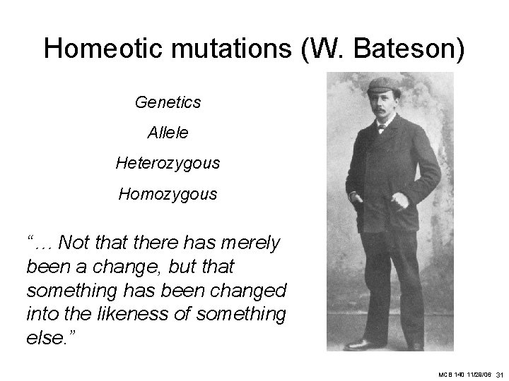 Homeotic mutations (W. Bateson) Genetics Allele Heterozygous Homozygous “… Not that there has merely