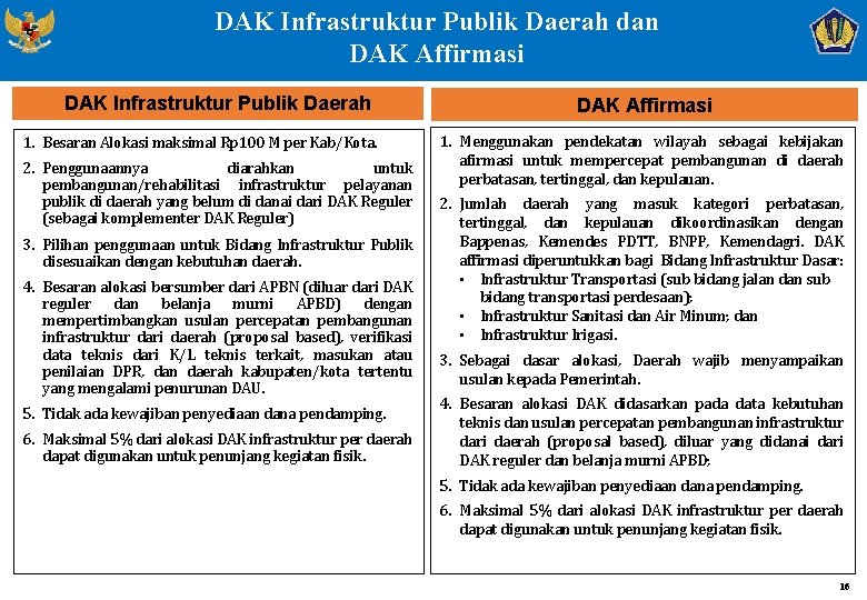 DAK Infrastruktur Publik Daerah dan DAK Affirmasi DAK Infrastruktur Publik Daerah 1. Besaran Alokasi