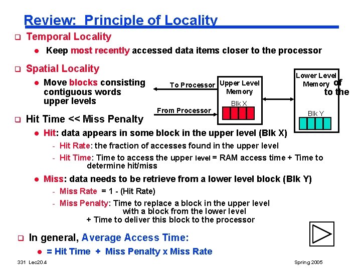 Review: Principle of Locality q Temporal Locality l q Spatial Locality l q Keep