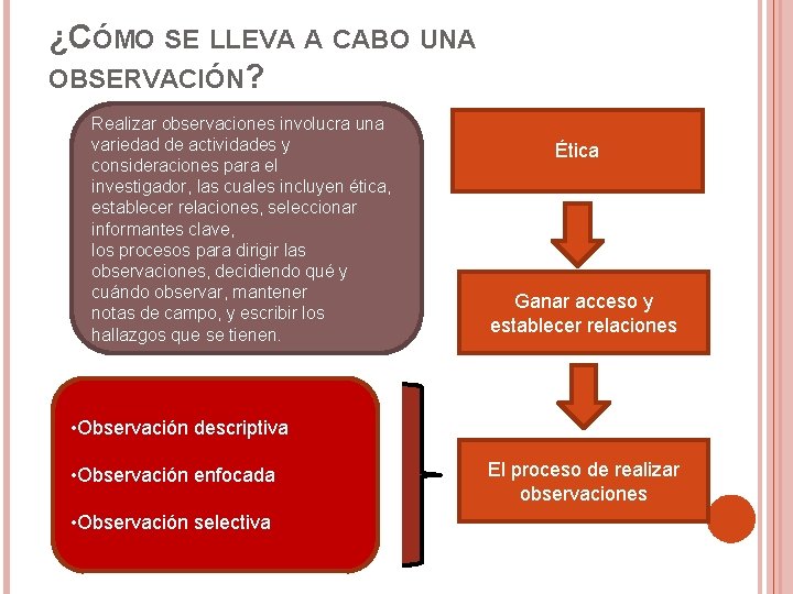 ¿CÓMO SE LLEVA A CABO UNA OBSERVACIÓN? Realizar observaciones involucra una variedad de actividades