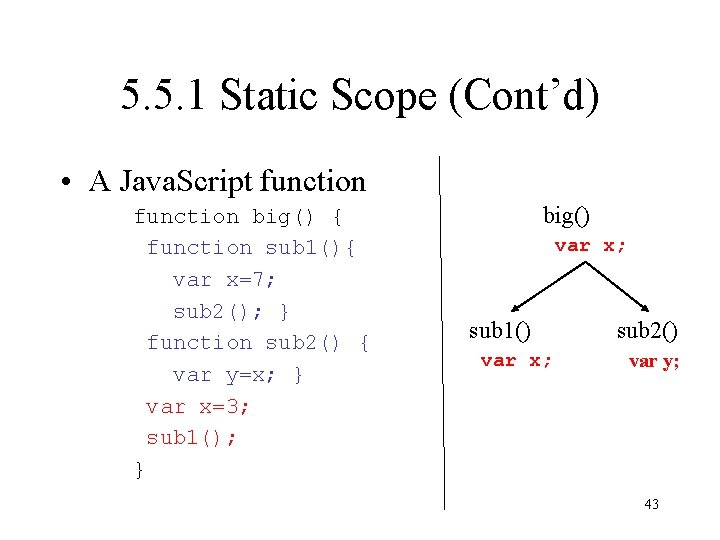 5. 5. 1 Static Scope (Cont’d) • A Java. Script function big() { function