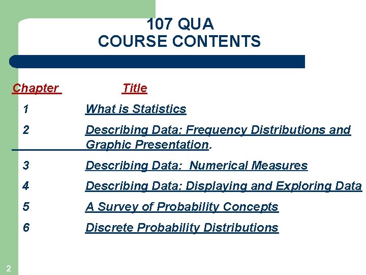 107 QUA COURSE CONTENTS Chapter 2 Title 1 What is Statistics 2 Describing Data: