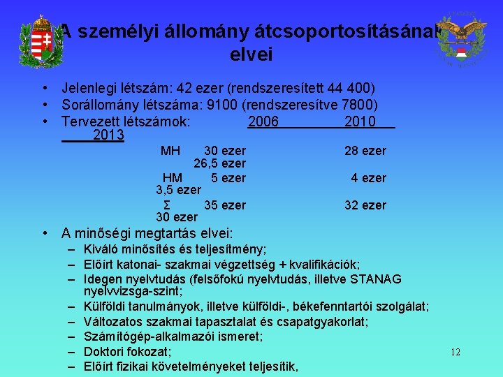 A személyi állomány átcsoportosításának elvei • Jelenlegi létszám: 42 ezer (rendszeresített 44 400) •