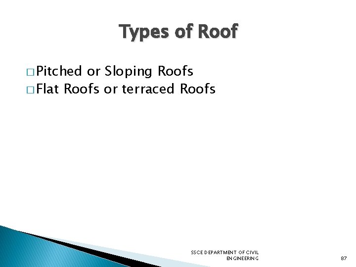 Types of Roof � Pitched or Sloping Roofs � Flat Roofs or terraced Roofs