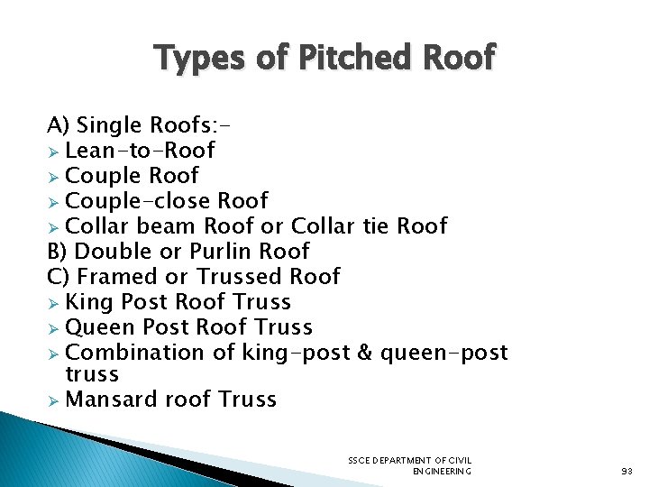 Types of Pitched Roof A) Single Roofs: Ø Lean-to-Roof Ø Couple-close Roof Ø Collar