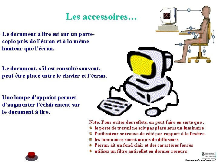 Les accessoires… Le document à lire est sur un portecopie près de l'écran et