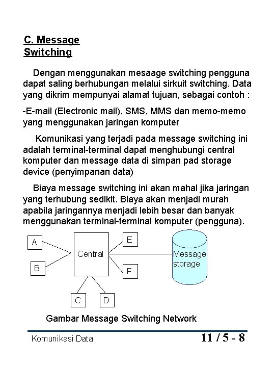 C. Message Switching Dengan menggunakan mesaage switching pengguna dapat saling berhubungan melalui sirkuit switching.