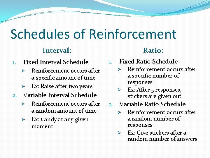 Schedules of Reinforcement Interval: 1. Fixed Interval Schedule Ø Ø Reinforcement occurs after a