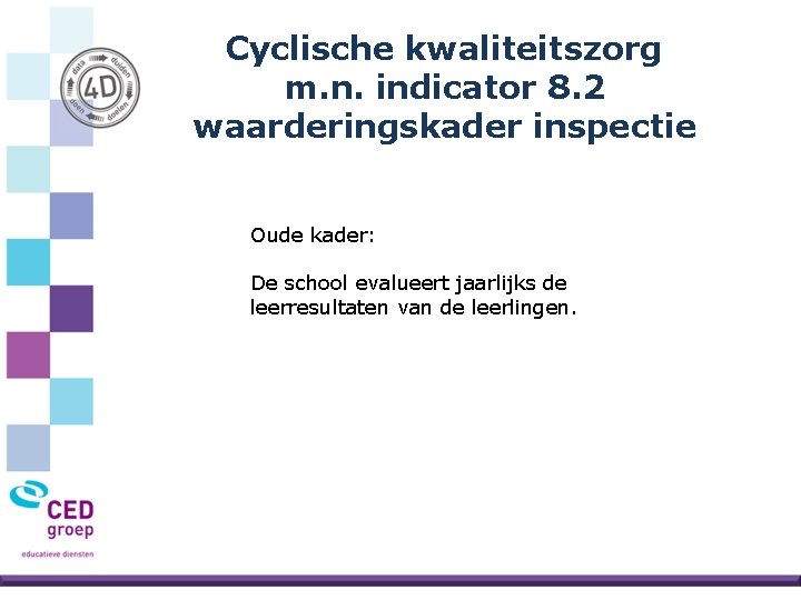 Cyclische kwaliteitszorg m. n. indicator 8. 2 waarderingskader inspectie Oude kader: De school evalueert