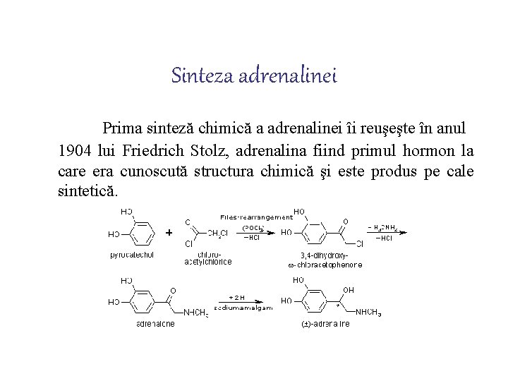 Sinteza adrenalinei Prima sinteză chimică a adrenalinei îi reuşeşte în anul 1904 lui Friedrich