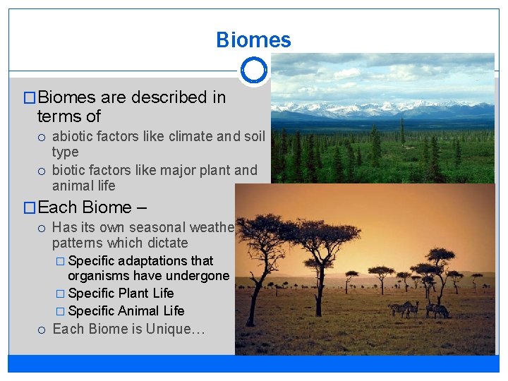 Biomes �Biomes are described in terms of abiotic factors like climate and soil type
