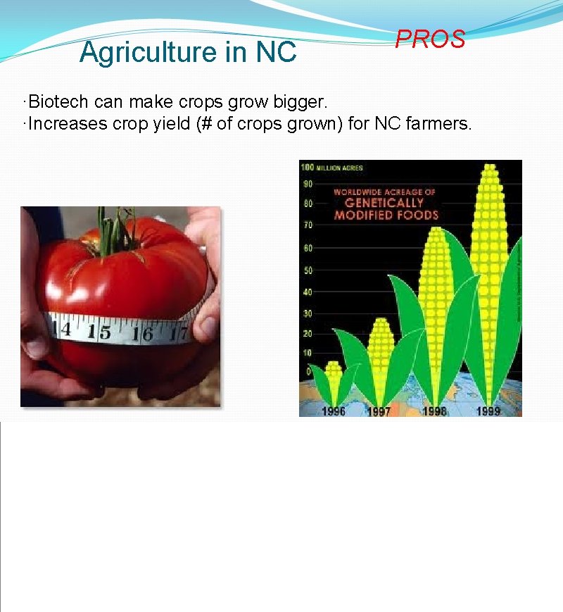 Agriculture in NC PROS ·Biotech can make crops grow bigger. ·Increases crop yield (#