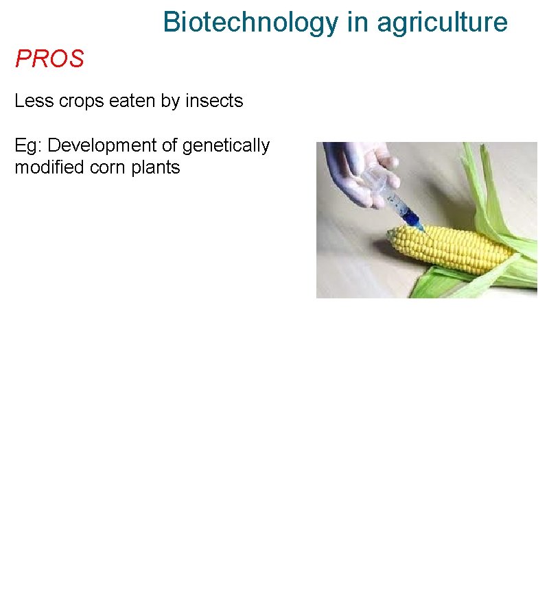 Biotechnology in agriculture PROS Less crops eaten by insects Eg: Development of genetically modified