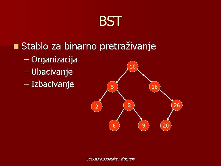 BST n Stablo za binarno pretraživanje – Organizacija – Ubacivanje – Izbacivanje 10 5