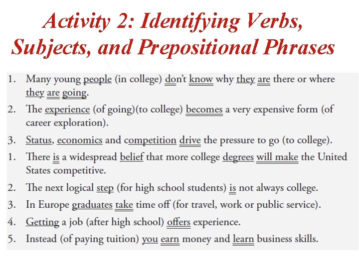 Activity 2: Identifying Verbs, Subjects, and Prepositional Phrases 