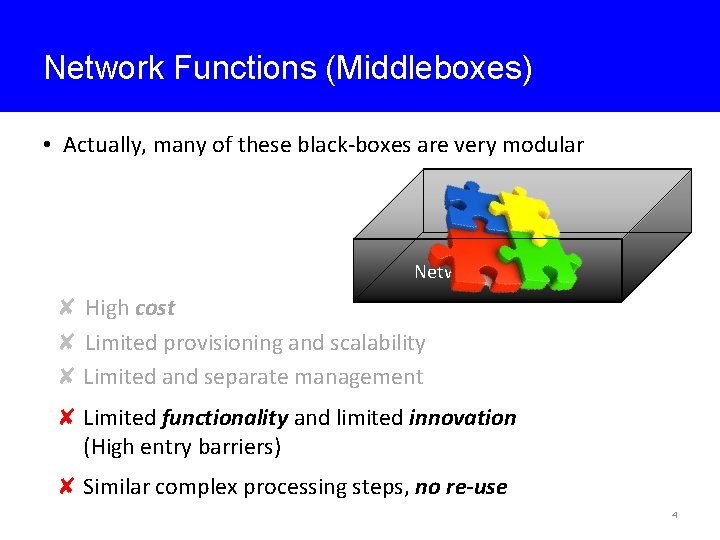 Network Functions (Middleboxes) • Actually, many of these black-boxes are very modular Network Function