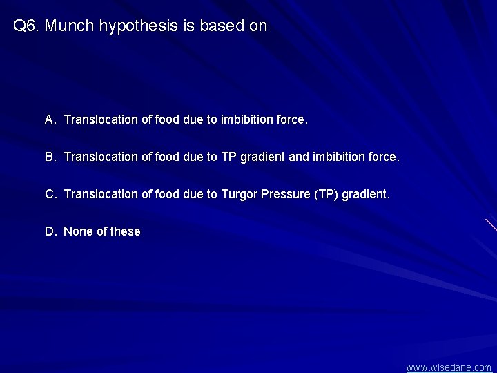 Q 6. Munch hypothesis is based on A. Translocation of food due to imbibition