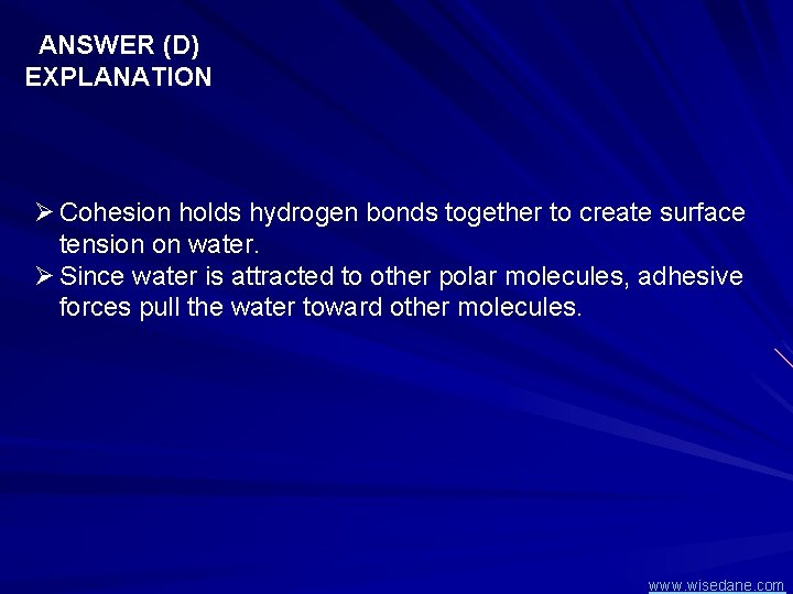 ANSWER (D) EXPLANATION Ø Cohesion holds hydrogen bonds together to create surface tension on