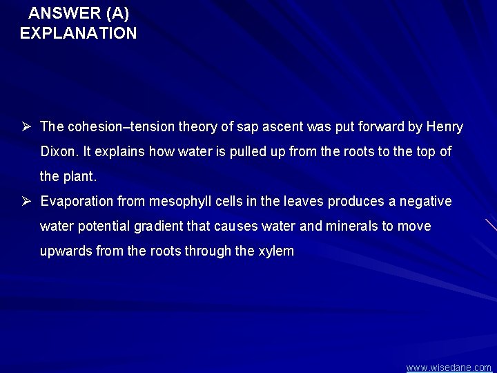 ANSWER (A) EXPLANATION Ø The cohesion–tension theory of sap ascent was put forward by