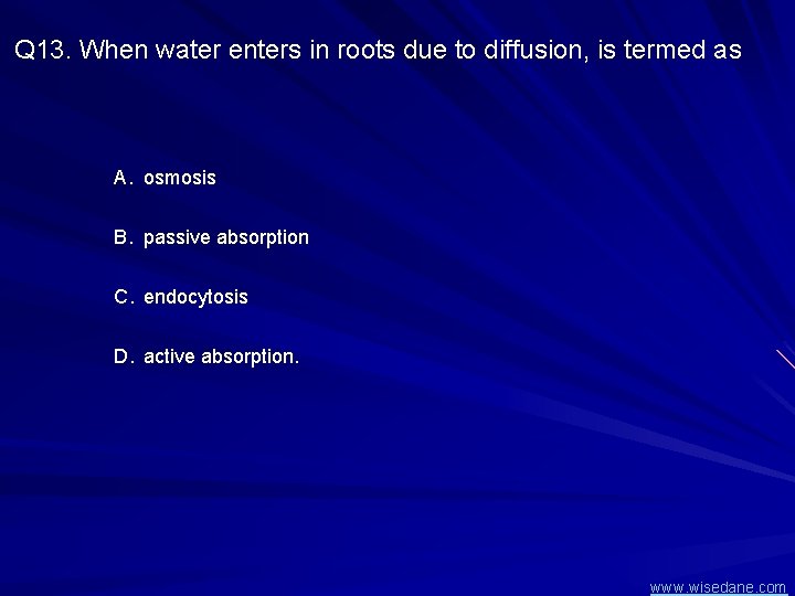 Q 13. When water enters in roots due to diffusion, is termed as A.