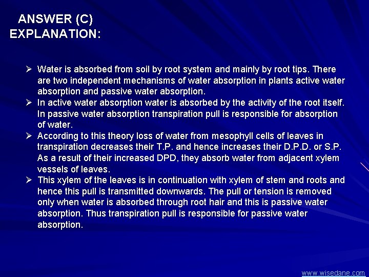 ANSWER (C) EXPLANATION: Ø Water is absorbed from soil by root system and mainly