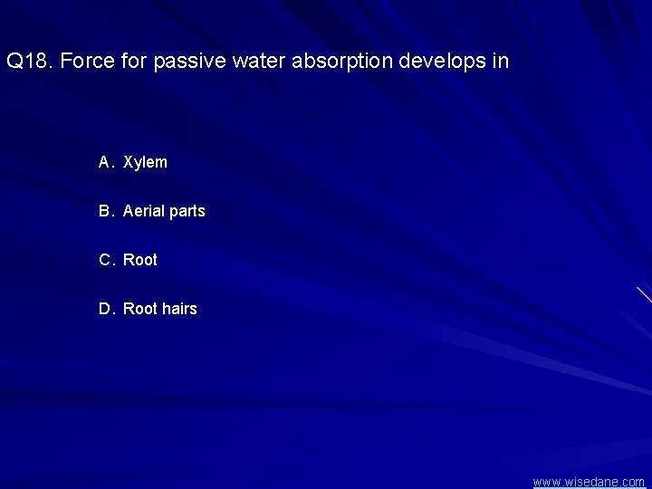 Q 18. Force for passive water absorption develops in A. Xylem B. Aerial parts