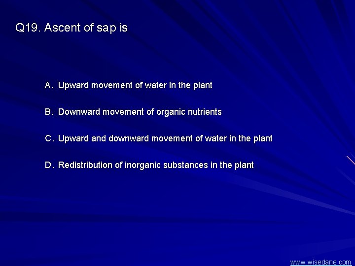 Q 19. Ascent of sap is A. Upward movement of water in the plant