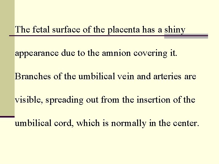 The fetal surface of the placenta has a shiny appearance due to the amnion