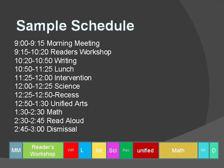 Sample Schedule 9: 00 -9: 15 Morning Meeting 9: 15 -10: 20 Readers Workshop