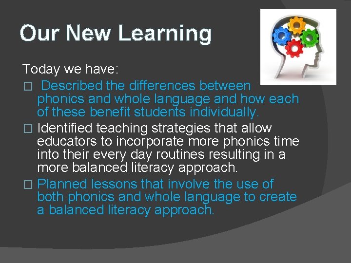 Our New Learning Today we have: � Described the differences between phonics and whole