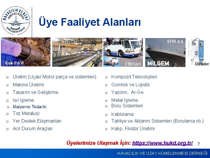 Üye Faaliyet Alanları STM A. Ş. Tufan Demir Çelik Kale P&W TİMSAN Dirinler o