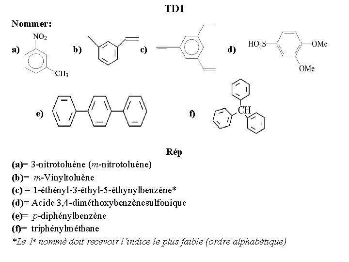 TD 1 Nommer: a) b) c) d) e) f) Rép (a)= 3 -nitrotoluène (m-nitrotoluène)