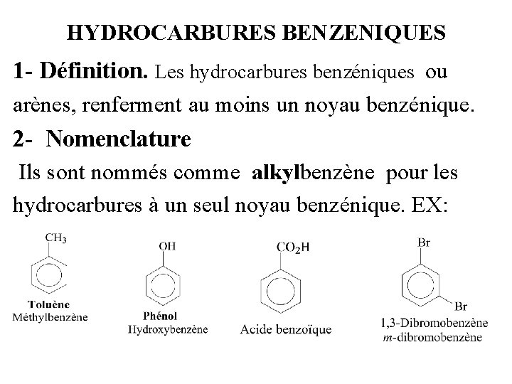 HYDROCARBURES BENZENIQUES 1 - Définition. Les hydrocarbures benzéniques ou arènes, renferment au moins un