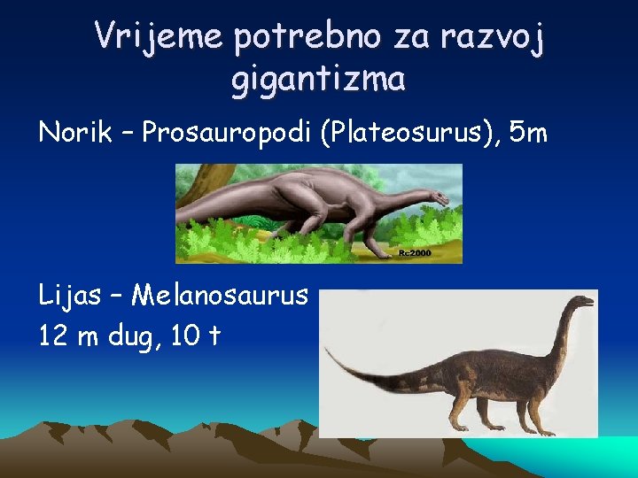 Vrijeme potrebno za razvoj gigantizma Norik – Prosauropodi (Plateosurus), 5 m Lijas – Melanosaurus