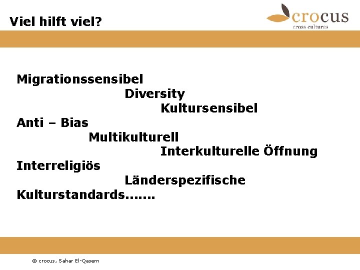 Viel hilft viel? Migrationssensibel Diversity Kultursensibel Anti – Bias Multikulturell Interkulturelle Öffnung Interreligiös Länderspezifische