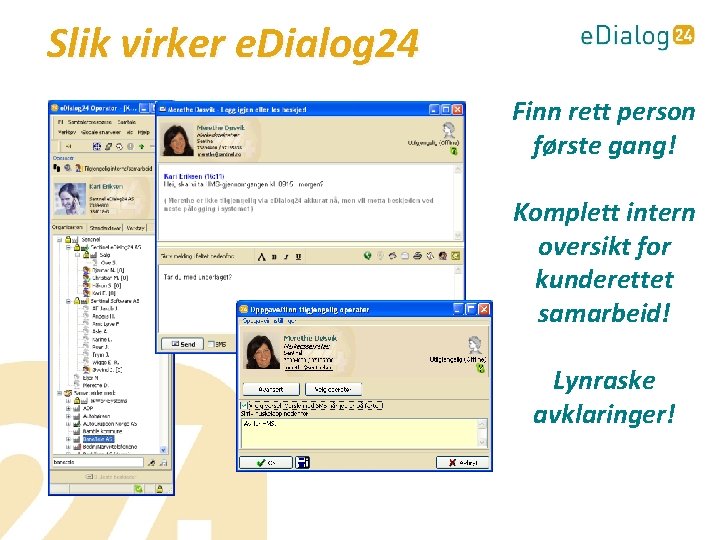 Slik virker e. Dialog 24 Finn rett person første gang! Komplett intern oversikt for