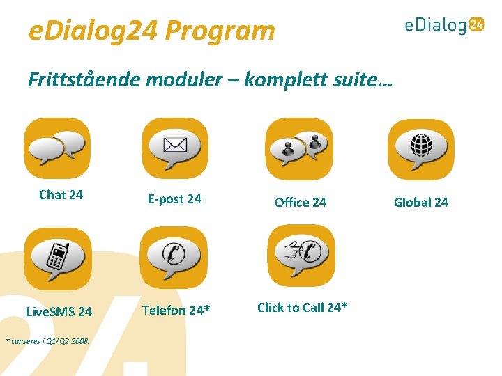 e. Dialog 24 Program Frittstående moduler – komplett suite… Chat 24 E-post 24 Office