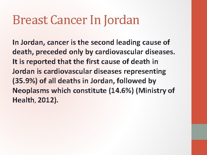 Breast Cancer In Jordan, cancer is the second leading cause of death, preceded only