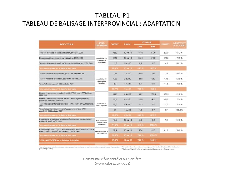 TABLEAU P 1 TABLEAU DE BALISAGE INTERPROVINCIAL : ADAPTATION Commissaire à la santé et
