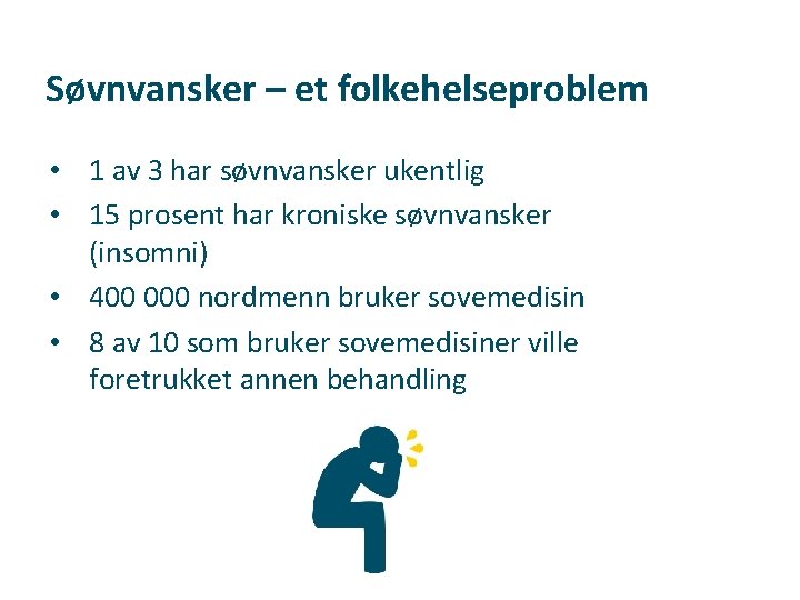 Søvnvansker – et folkehelseproblem • 1 av 3 har søvnvansker ukentlig • 15 prosent