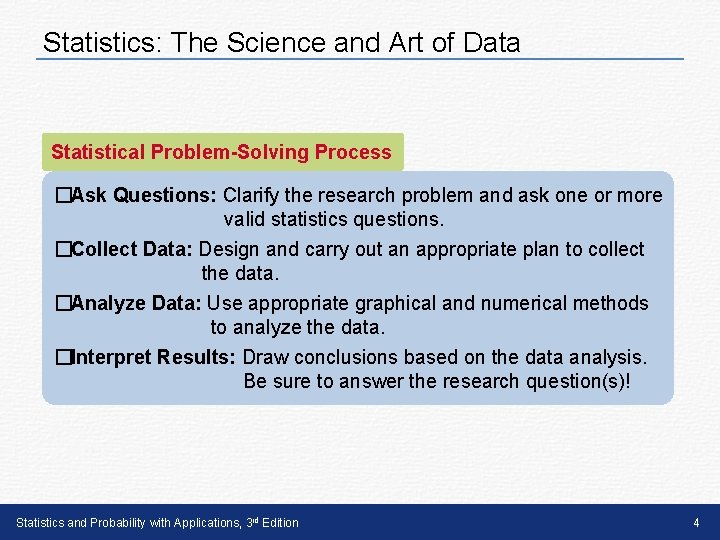 Statistics: The Science and Art of Data Statistical Problem-Solving Process � Ask Questions: Clarify