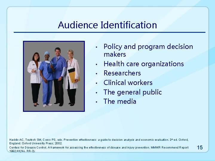 Audience Identification • • • Policy and program decision makers Health care organizations Researchers