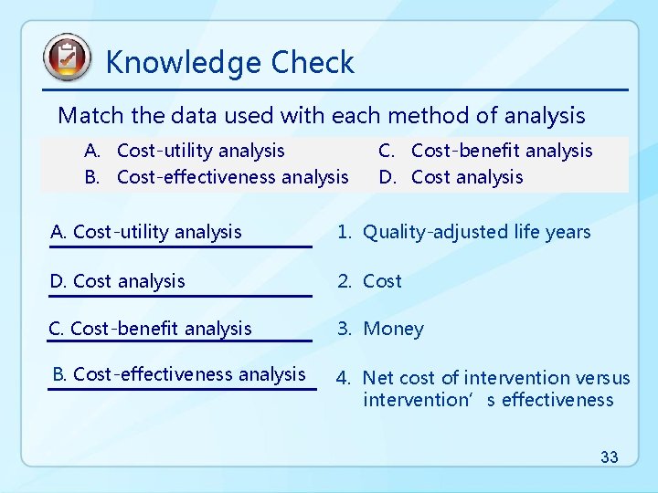 Knowledge Check Match the data used with each method of analysis A. Cost-utility analysis