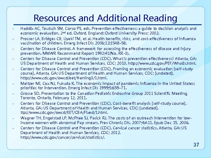 Resources and Additional Reading • • • Haddix AC, Teutsch SM, Corso PS, eds.