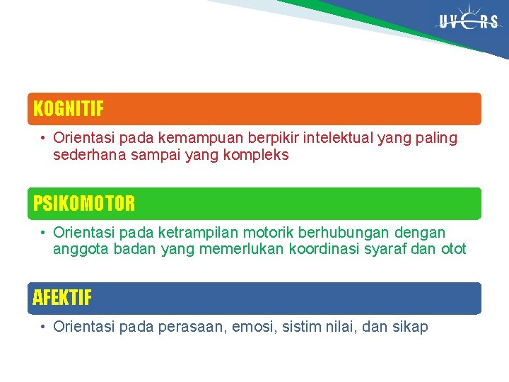 KOGNITIF • Orientasi pada kemampuan berpikir intelektual yang paling sederhana sampai yang kompleks PSIKOMOTOR