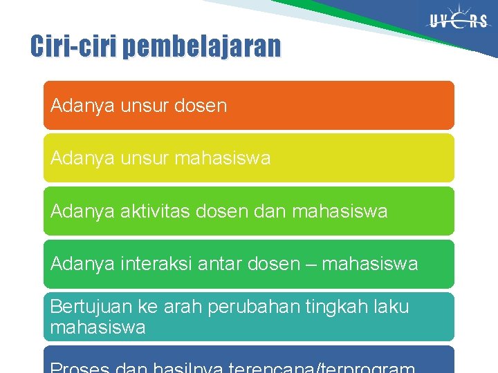 Ciri-ciri pembelajaran Adanya unsur dosen Adanya unsur mahasiswa Adanya aktivitas dosen dan mahasiswa Adanya