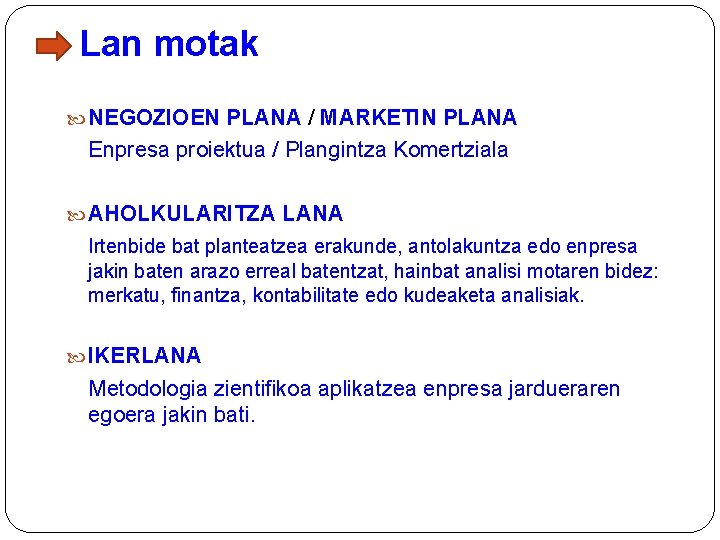 Lan motak NEGOZIOEN PLANA / MARKETIN PLANA Enpresa proiektua / Plangintza Komertziala AHOLKULARITZA LANA