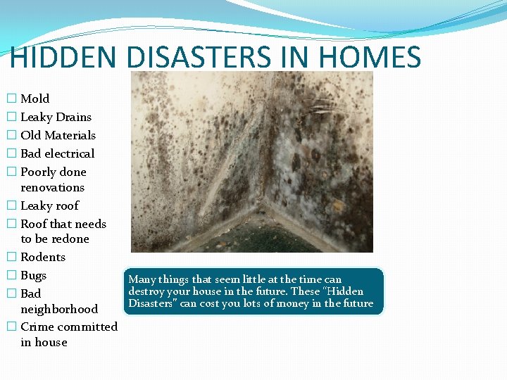 HIDDEN DISASTERS IN HOMES � Mold � Leaky Drains � Old Materials � Bad