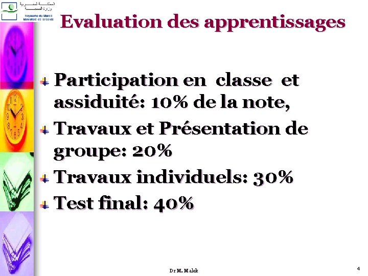Evaluation des apprentissages Participation en classe et assiduité: 10% de la note, Travaux et